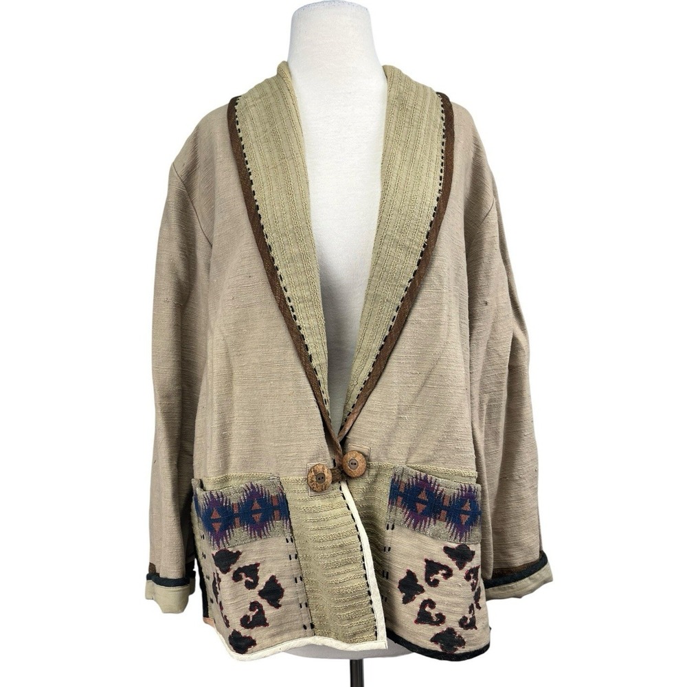 VTG Flashback Tapestry Jacket Medium Southwestern Boho Blazer Aztec Khaki 90s
